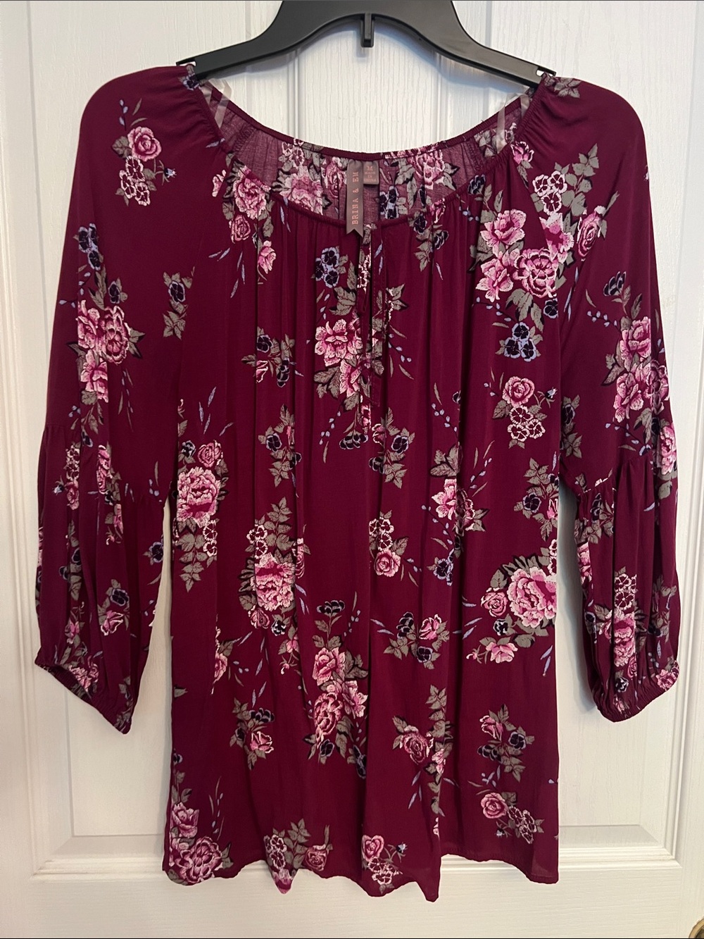 Floral Peasant Tunic Blouse in Burgundy with Pink Blooms